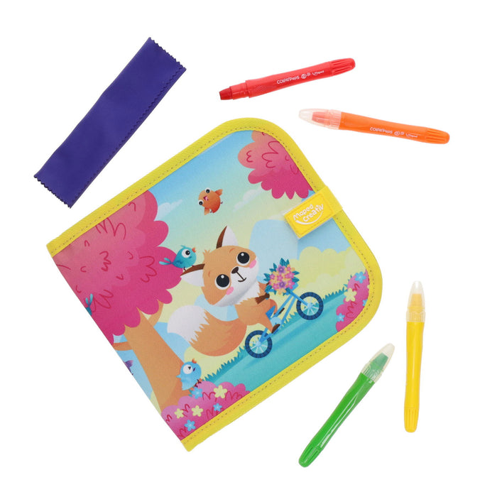 Fox travel activity book set with four colorful markers and a purple cleaning cloth.