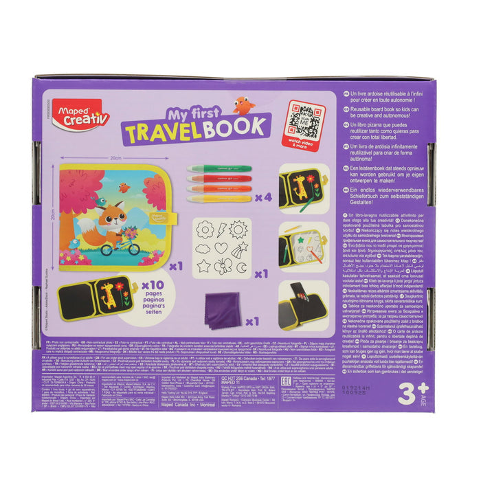 Back of purple packaging for a kids' activity set with a spiral drawing book, 4 chalk markers, and a cleaning cloth.
