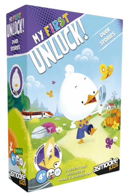 Purple game box featuring a white cartoon duck with a magnifying glass in a sunny field with a train and pumpkins.