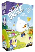 Purple game box featuring a white cartoon duck with a magnifying glass in a sunny field with a train and pumpkins.