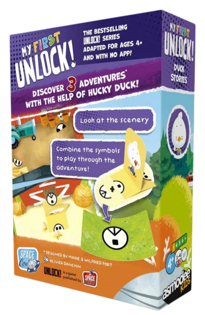 Purple board game box featuring a cartoon duck in farm scenes and illustrations of symbol-matching game pieces.