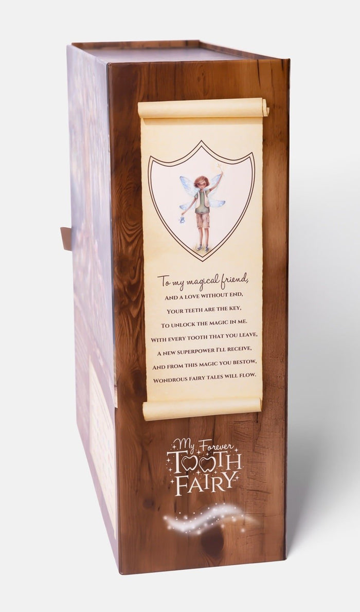Wood-grain gift box featuring a parchment scroll poem, boy fairy illustration, and sparkling Tooth Fairy logo.