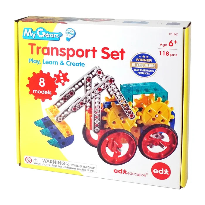Toy box featuring a colorful construction vehicle model built with gears, large red wheels, and silver rods.