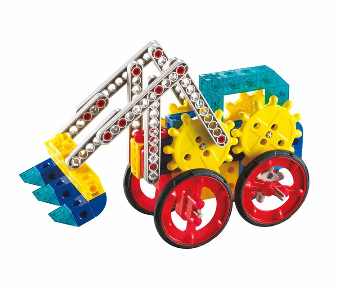 Toy construction vehicle built with colorful yellow gears, red wheels, grey beams, and blue blocks.