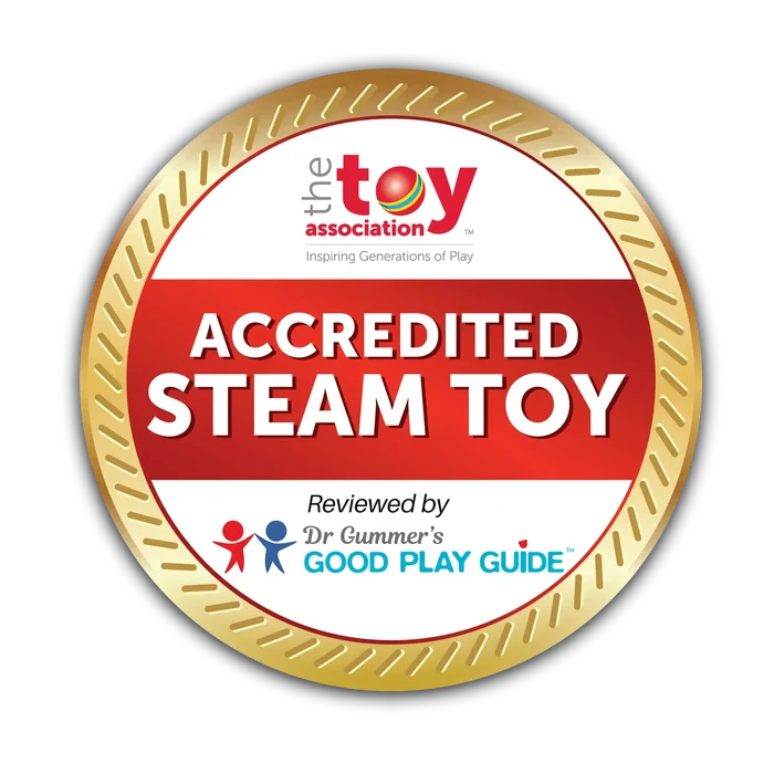 Gold circular seal with a red banner reading ACCREDITED STEAM TOY, plus Toy Association and Good Play Guide logos.