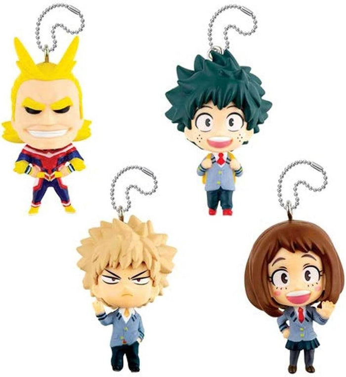 Four My Hero Academia chibi character keychains: All Might, Deku, Bakugo, and Ochaco with silver ball chains.