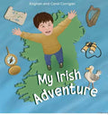 Illustrated cover featuring a boy jumping over a green map of Ireland, surrounded by a harp, compass, and seagull.