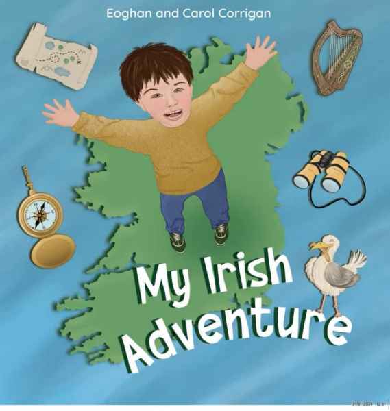 Illustrated cover featuring a boy jumping over a green map of Ireland, surrounded by a harp, compass, and seagull.