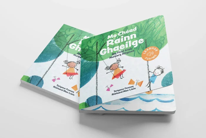Two green board books with stylized illustrations of a child on a swing and an orange circular sound book sticker.