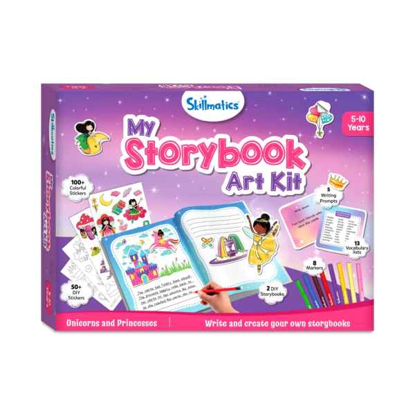 Purple box for a DIY storybook kit featuring fairy tale stickers, writing prompts, and colorful markers for kids.