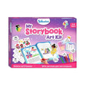 Purple box for a DIY storybook kit featuring fairy tale stickers, writing prompts, and colorful markers for kids.