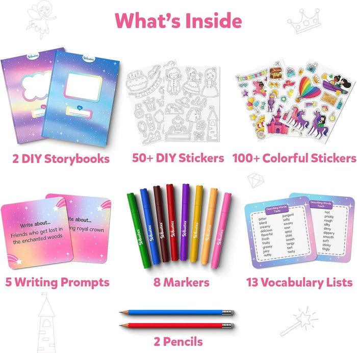 Kit with 2 storybooks, stickers, 8 markers, pencils, and prompt cards in a pink and purple fairy tale theme.
