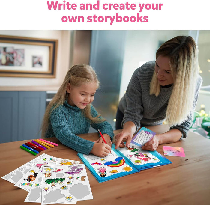 A girl and woman use stickers, markers, and prompts to create a custom princess and unicorn themed storybook.