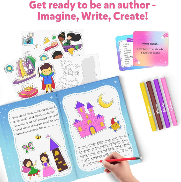 Creative writing kit featuring princess stickers, colorful markers, and an activity book with a handwritten story.