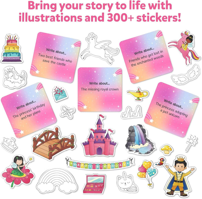 Storybook kit with pink writing prompt cards and colorful stickers including a castle, unicorn, and princess.