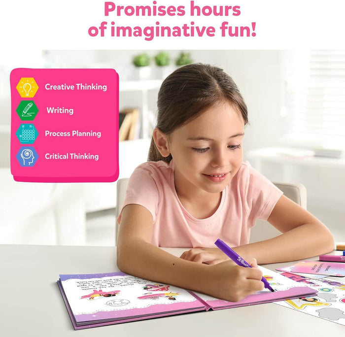 Girl writes in a pink princess-themed storybook with a purple marker. Graphic icons list educational skills.