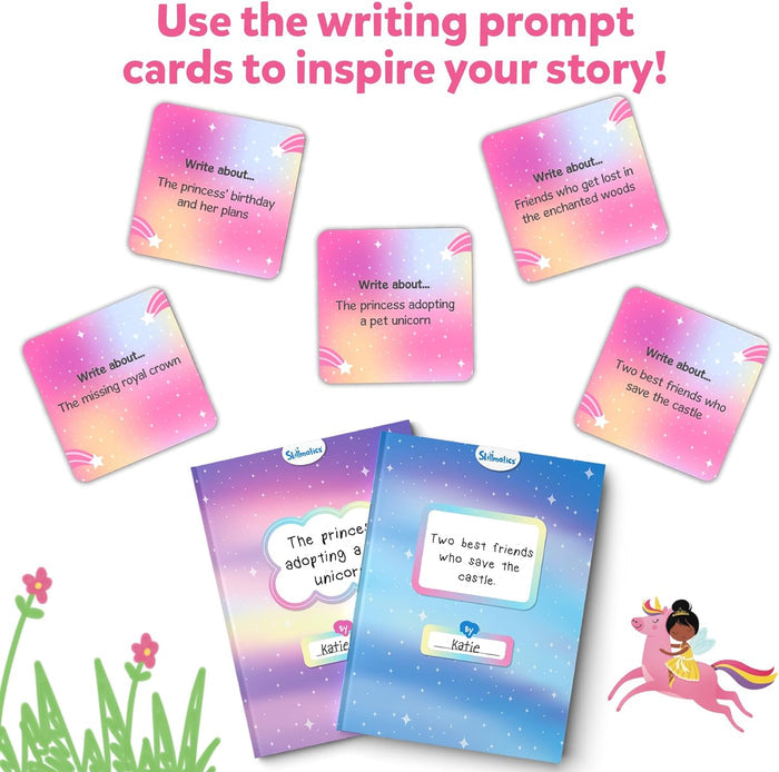 Writing prompt cards and two storybooks with princess and unicorn themes in shades of pink, purple, and blue.