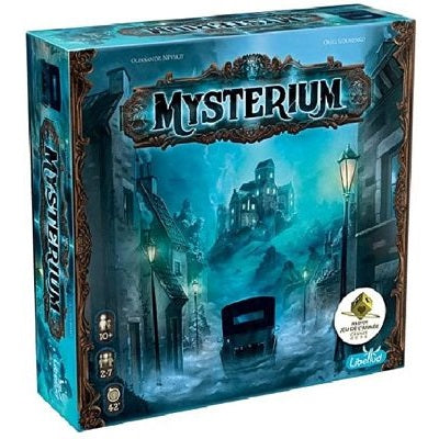 Rectangular teal game box featuring a spooky mansion and vintage car in a misty blue night with ornate brown borders.