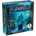 Rectangular teal game box featuring a spooky mansion and vintage car in a misty blue night with ornate brown borders.