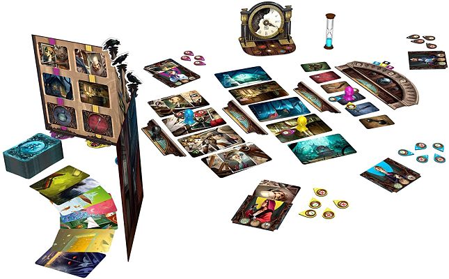 Board game setup with surreal dream cards, character portraits, translucent pawns, and a clock-shaped tracker.