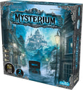 Blue board game box with ornate silver borders, showing a misty night scene with a haunted mansion and a vintage car.
