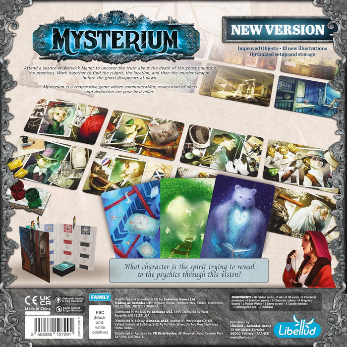 Back of Mysterium box with character cards, surreal vision art, and game components framed by an ornate silver border.