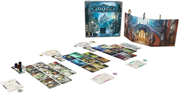 Mysterium board game set with a spooky teal box, colorful cards, player tokens, and a large grand staircase screen.