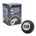 Shiny black 8-ball toy with an infinity symbol next to its blue vintage-style packaging box.