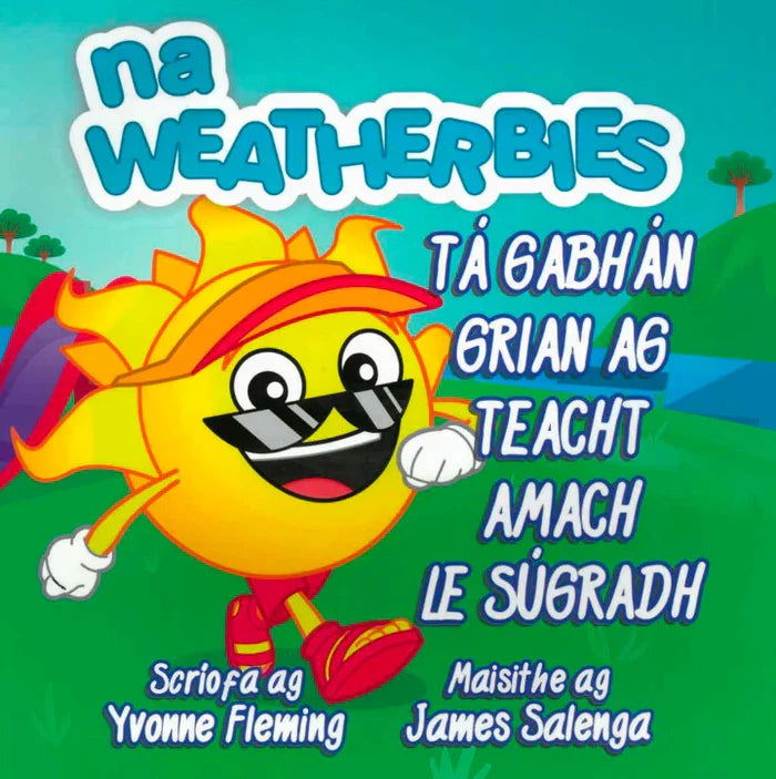 Colorful book cover featuring a smiling cartoon sun wearing sunglasses and red sneakers running across green hills.