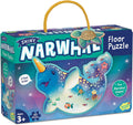 Teal box for a 42-piece shiny narwhal floor puzzle featuring a cartoon blue narwhal and a yellow rope handle.