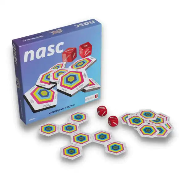 Blue board game box labeled nasc with rainbow-ringed hexagonal tiles and two red dice.
