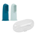 Dark teal and pale blue silicone finger toothbrushes with soft bristles and a clear plastic storage case.