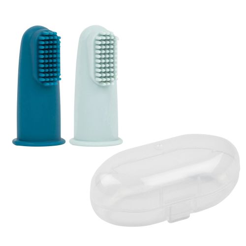 Dark teal and pale blue silicone finger toothbrushes with soft bristles and a clear plastic storage case.