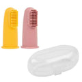 Two soft silicone baby finger toothbrushes in pink and yellow with a clear oval-shaped plastic storage case.