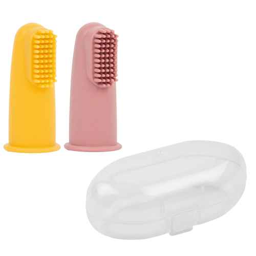 Two soft silicone baby finger toothbrushes in pink and yellow with a clear oval-shaped plastic storage case.