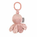 Dusty pink plush octopus toy with a smiling face and bumpy tentacles, hanging from a pink plastic ring.