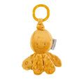 Ochre plush octopus with a smiling face, bumpy tentacles, and a yellow plastic hanging ring.