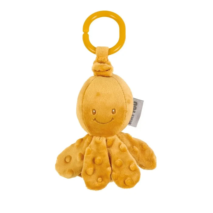 Ochre plush octopus with a smiling face, bumpy tentacles, and a yellow plastic hanging ring.