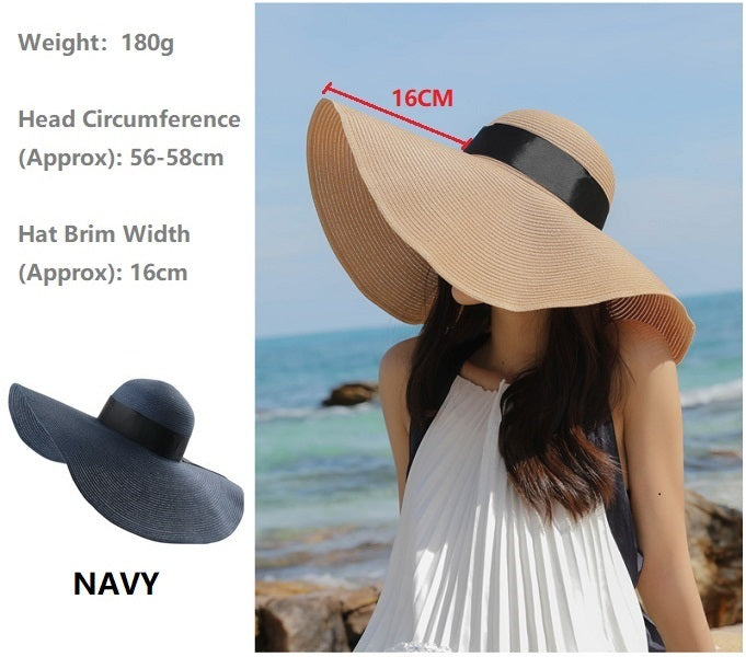 Navy women's 16cm wide brim straw sun hat with floppy derby style for summer beach wear, from dealonlinenz.