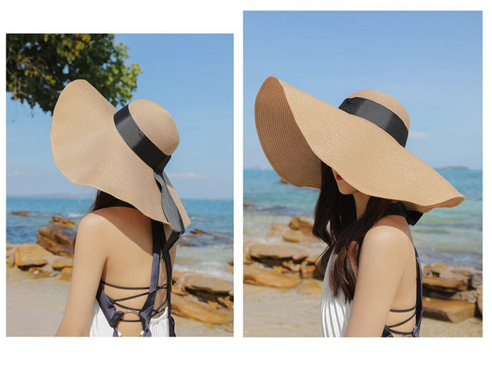 Navy wide brim straw sun hat for women, floppy derby style, 16cm brim, perfect for summer beach and outdoor sun protection