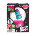 Packaging for a snow globe fidget toy featuring a teal snowman inside a clear dome with a squishable pink base.