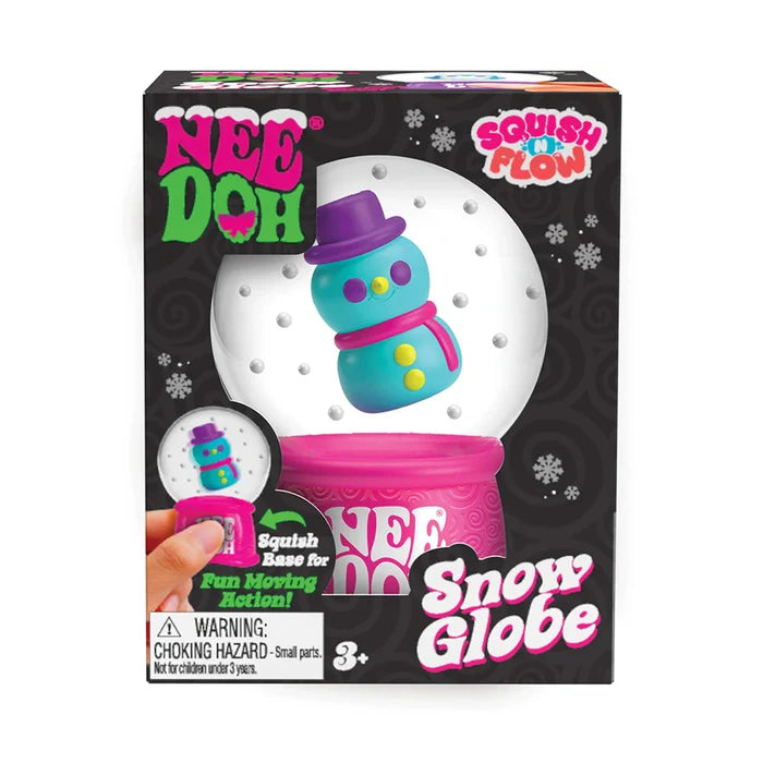 Packaging for a snow globe fidget toy featuring a teal snowman inside a clear dome with a squishable pink base.