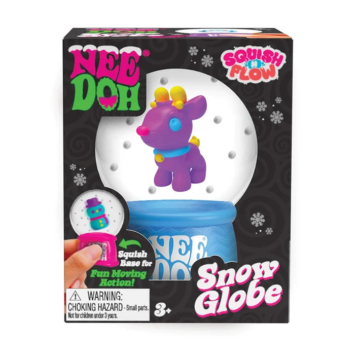Black NeeDoh box featuring a snow globe with a purple reindeer toy, a blue squishy base, and white snowflake graphics.