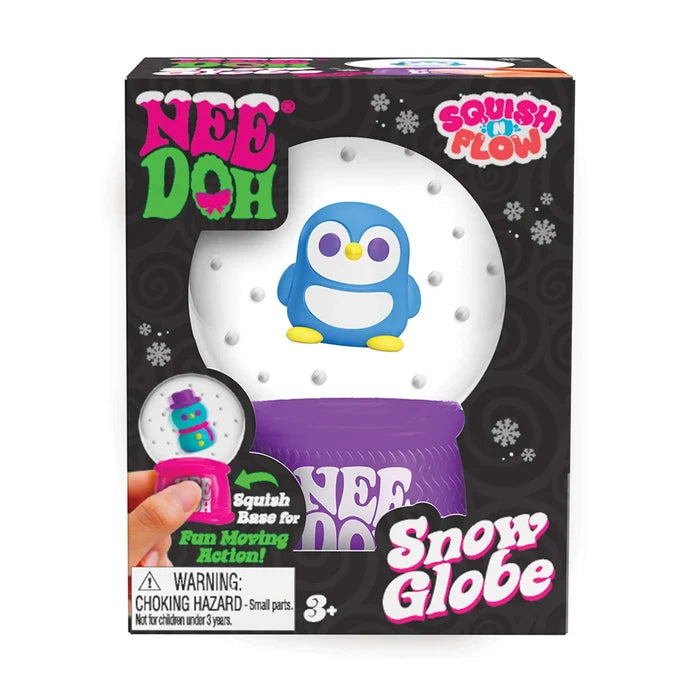 Black toy box for a squishy snow globe toy featuring a blue penguin inside a white globe with a purple textured base.