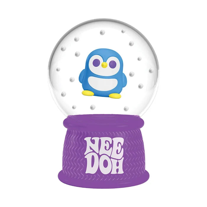 Snow globe fidget with a blue penguin inside a clear dome, white snow dots, and a purple textured NEE DOH base.
