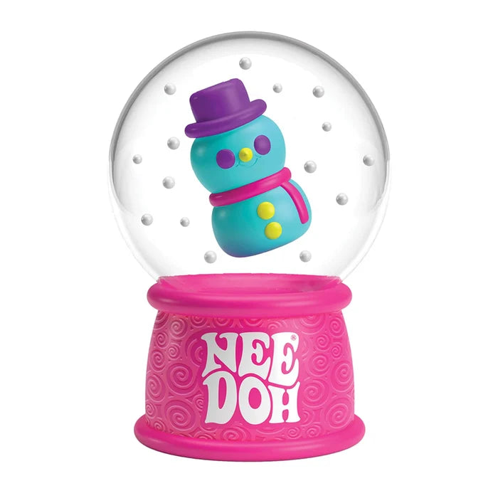 Snow globe with a blue snowman in a purple hat and pink scarf, on a bright pink swirl-textured logo base.
