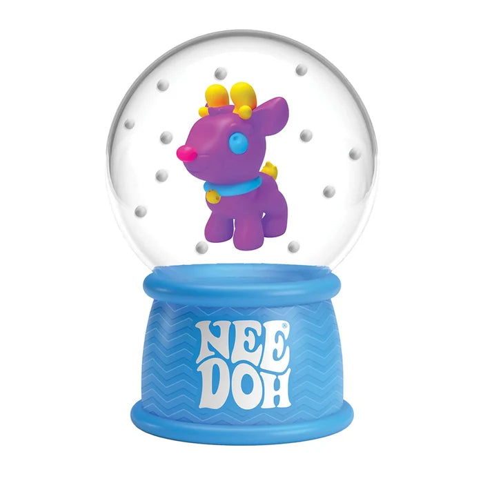 Blue NeeDoh snow globe featuring a purple reindeer with yellow antlers and white snow inside a clear plastic dome.