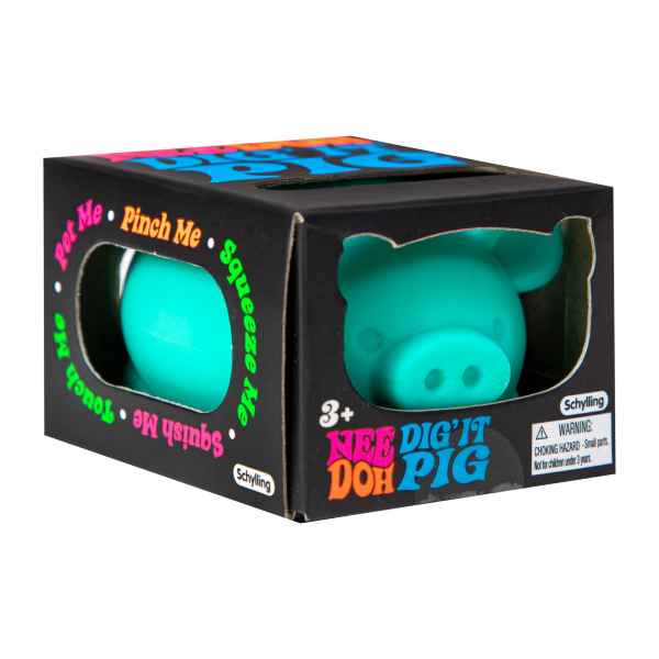 Teal pig-shaped fidget toy in a black box with colorful text and cutouts showing its snout and round body.