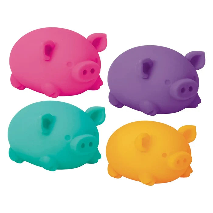 Four squishy pig figures in pink, purple, teal, and yellow, each with a round body, snout, and tiny ears.
