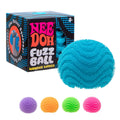 Large blue fuzzy ball with wavy texture, its black box, and four smaller balls in purple, orange, green, and pink.